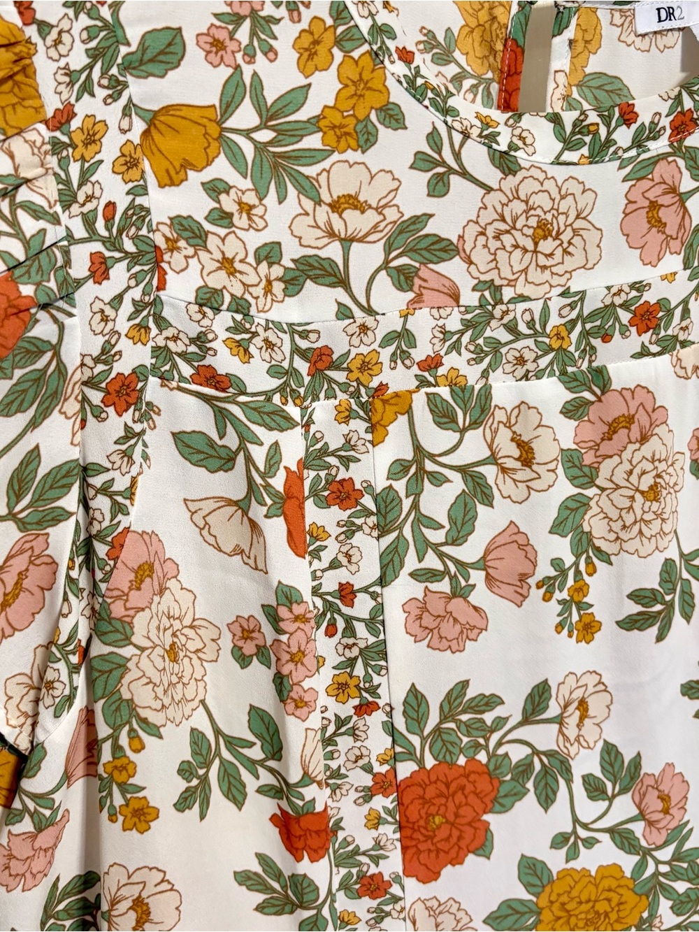 Floral Short-Sleeve Blouse in Cream with Orange & Green Print Sz XL - Picture 5 of 6
